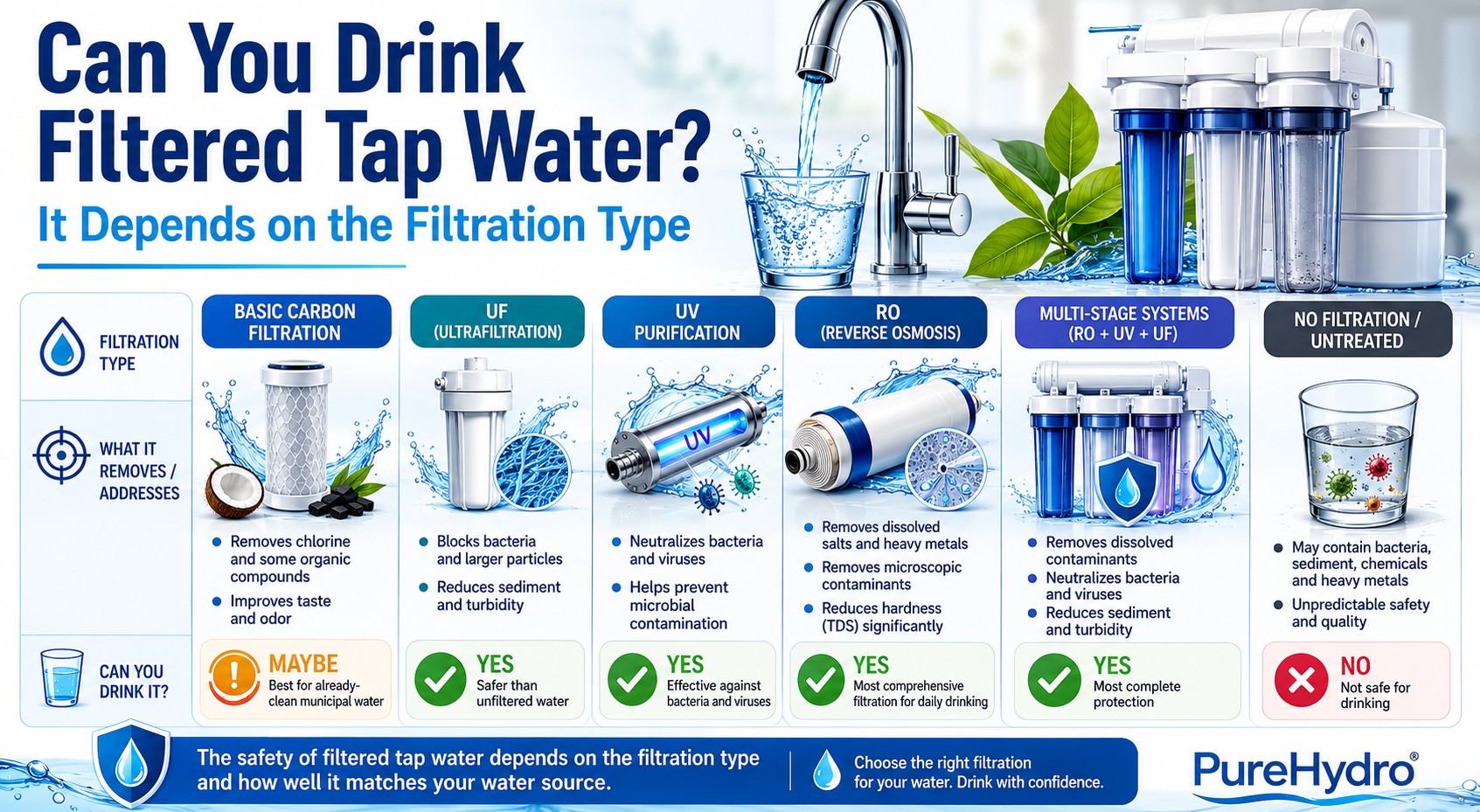Infographic comparing water filtration types including carbon filtration, UF, UV, RO, and multi-stage systems to show whether filtered tap water is safe to drink.